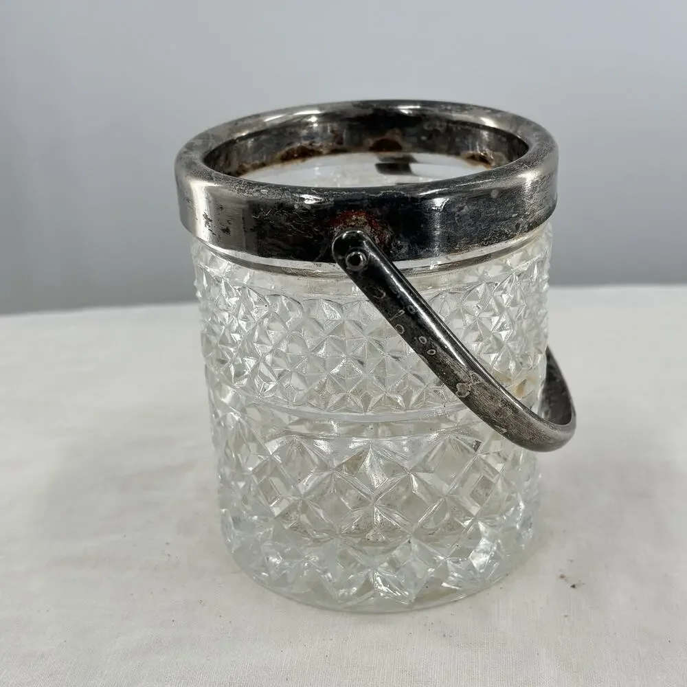 Vtg FB Rogers Silver Co Italy Cut Glass Mini Ice Bucket Barware 4